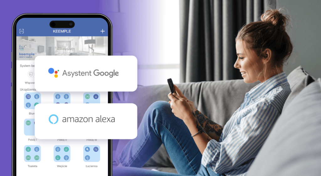 Ekran telefonu z aplikacją Keemple 2.0 i urządzeniami w aplikacji Keemple 2.0. Kobieta używa smartfona z aplikacją Keemple 2.0. System Smart Home Keemple może być połączony z Asystentem Google i Amazon Alexa.