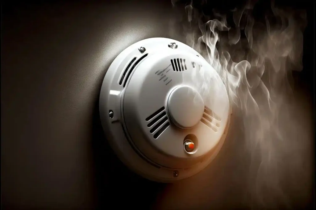 Czujnik dymu w inteligentnym domu wykrywa zagrożenie pożarowe.