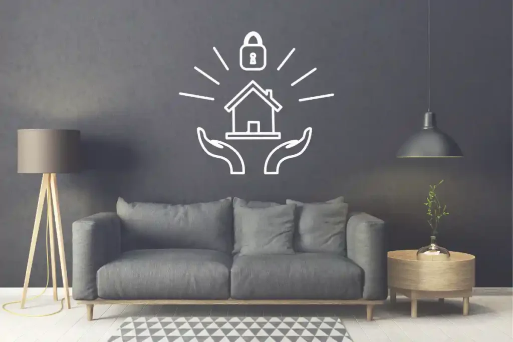 Nowoczesny wystrój mieszkania w ciemnej, monochromatycznej kolorystyce, przełamany jasnymi, drewnianymi dodatkami. Ikona systemu smart home.