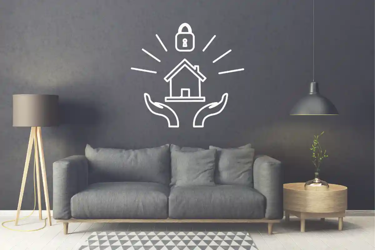 Nowoczesny wystrój mieszkania w ciemnej, monochromatycznej kolorystyce, przełamany jasnymi, drewnianymi dodatkami. Ikona systemu smart home.