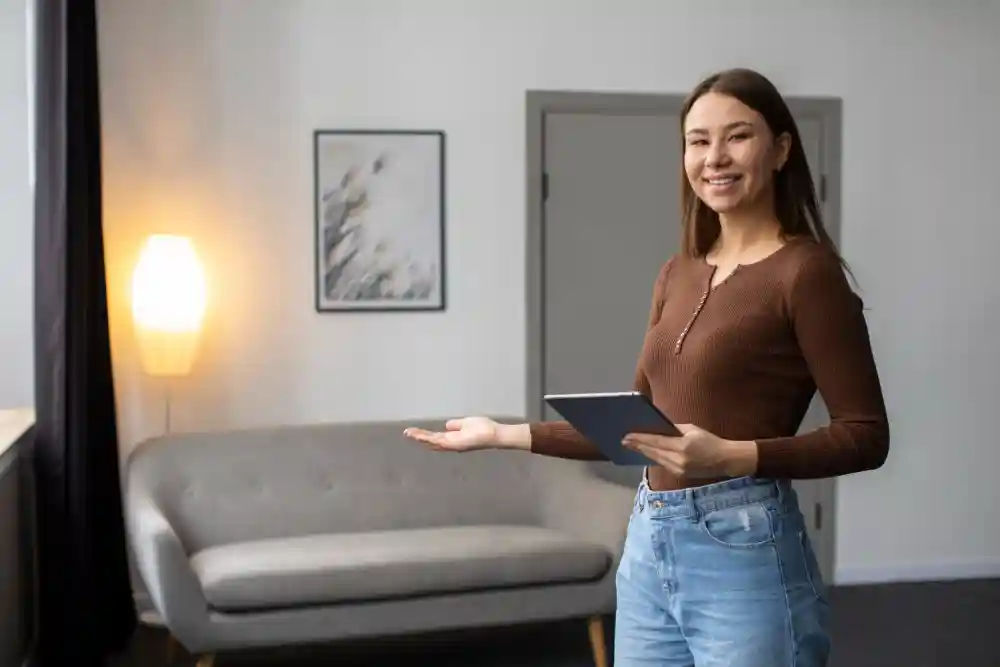 Jak podłączyć i skonfigurować czujnik ruchu? Kobieta konfiguruje czujnik ruchu na tablecie, minimalistyczne wnętrze w stonowanej kolorystyce.