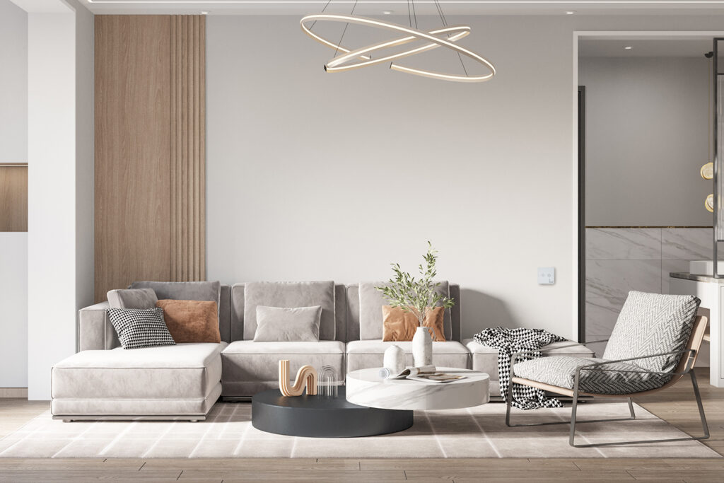 Inteligentny ściemniacz Keemple i czujnik ruchu w salonie.