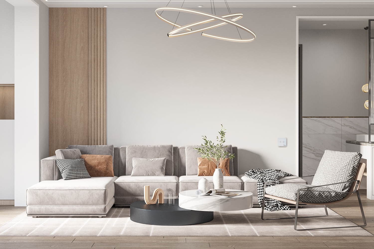 Inteligentny ściemniacz Keemple i czujnik ruchu w salonie.