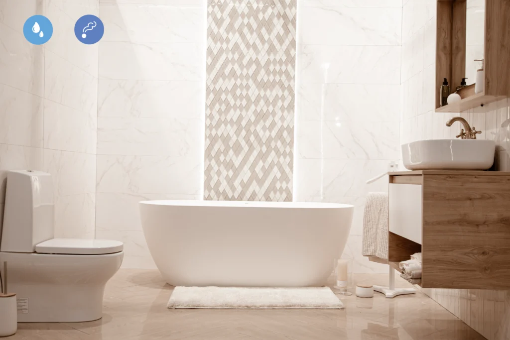 nowoczesna, minimalistyczna łazienka z wanną i czujnikiem zalania keemple