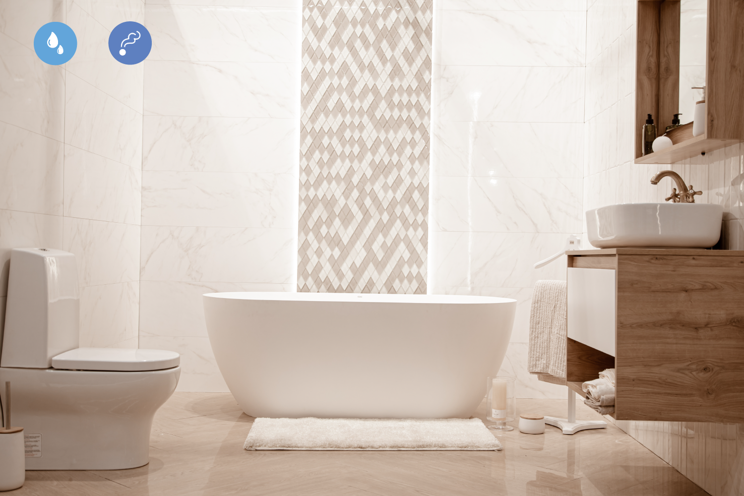 nowoczesna, minimalistyczna łazienka z wanną i czujnikiem zalania keemple