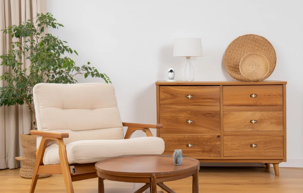 salon z drewnianymi retro meblami, eleganckie wnętrze z systemem smart home