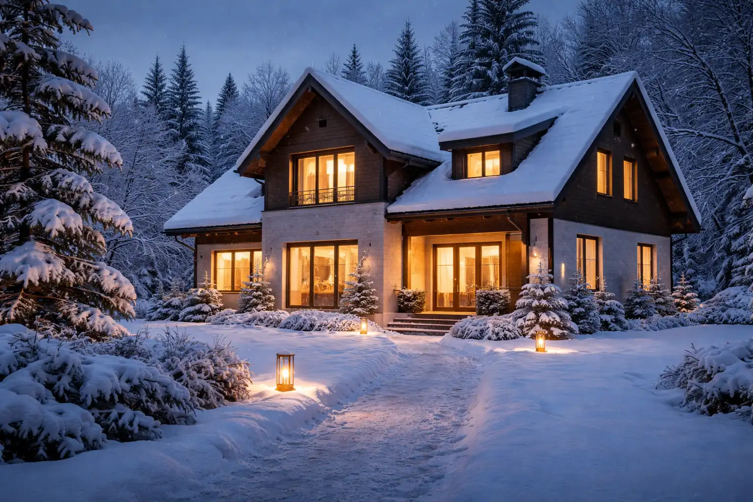 Dom jednorodzinny zimą oświetlony nocą, monitorowany podczas ferii zimowych
